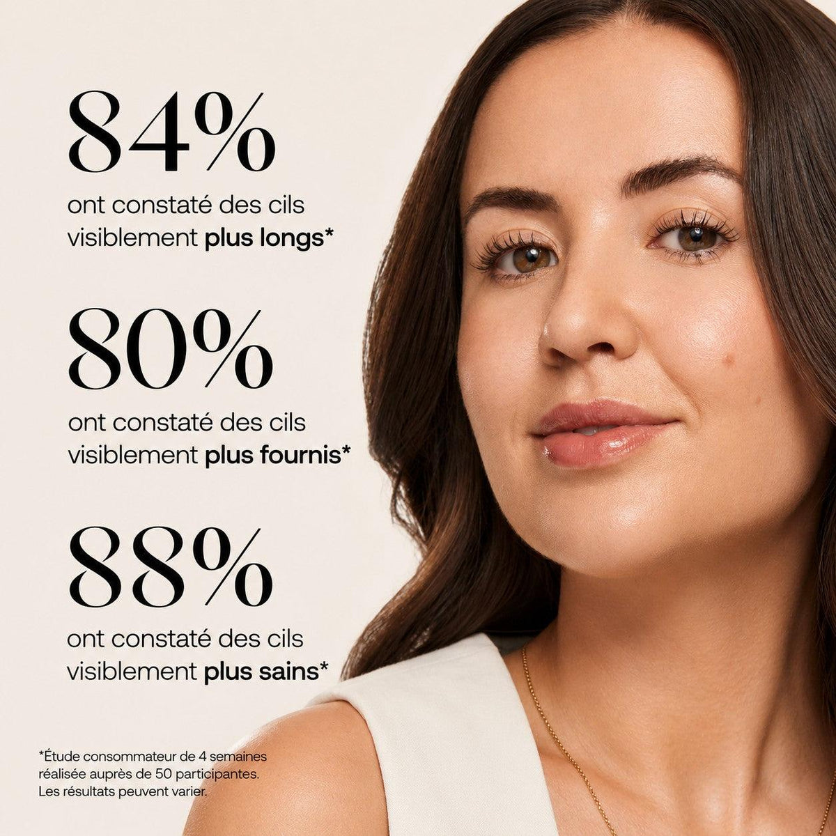 Portrait d'une femme souriante avec des cils naturels longs et fournis, présentant les résultats du sérum Lumina Lash