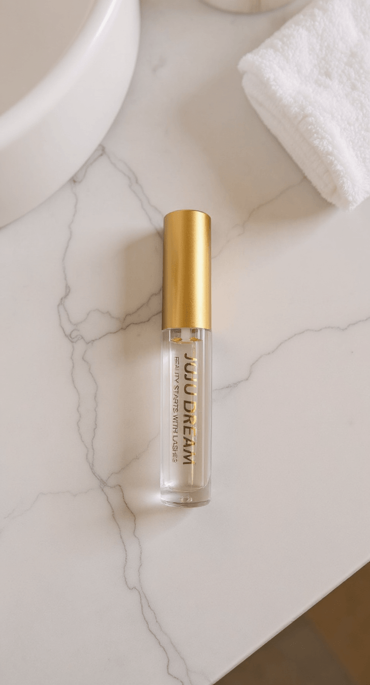 Sérum pour cils Lumina Lash dans un tube transparent avec bouchon doré, posé sur un comptoir en marbre blanc.