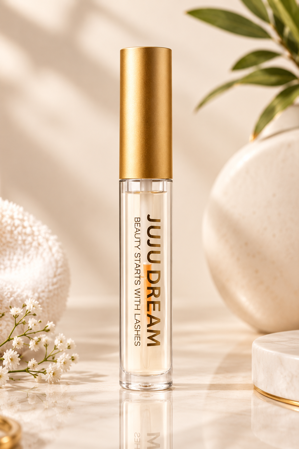 Sérum pour cils Lumina Lash dans un flacon élégant avec bouchon doré, posé sur une surface en marbre clair.