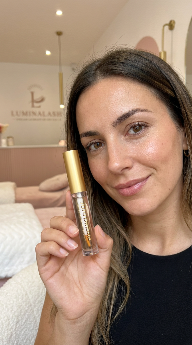 Femme souriante tenant le sérum Lumina Lash dans un institut de beauté pour des cils naturellement plus longs